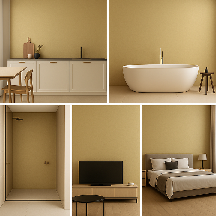 Collage of a modern kitchen, bathroom, living room, and bedroom with beige walls.