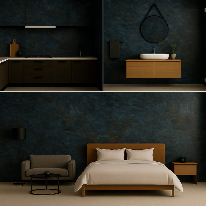 Three different views of a modern bedroom with dark walls and minimal furniture.