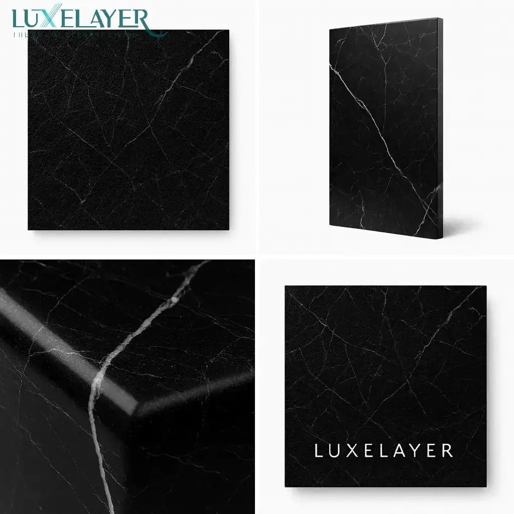 Black marble patterned material with 'Luxelayer' branding on a white background