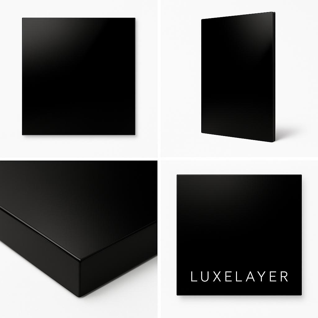 Black square panels with 'Luxelayer' branding on a white background