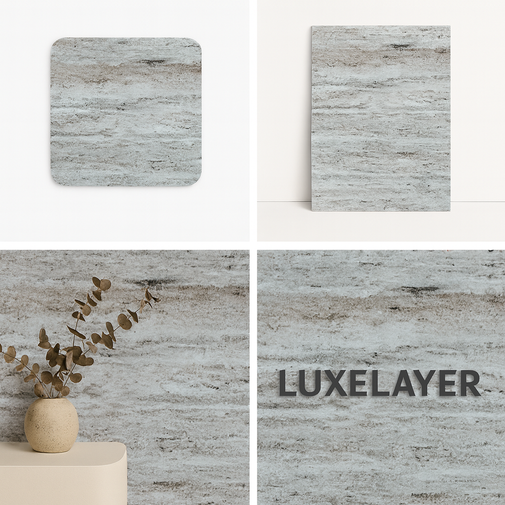 Collage of Luxelayer panels with a vase and eucalyptus on a neutral background.