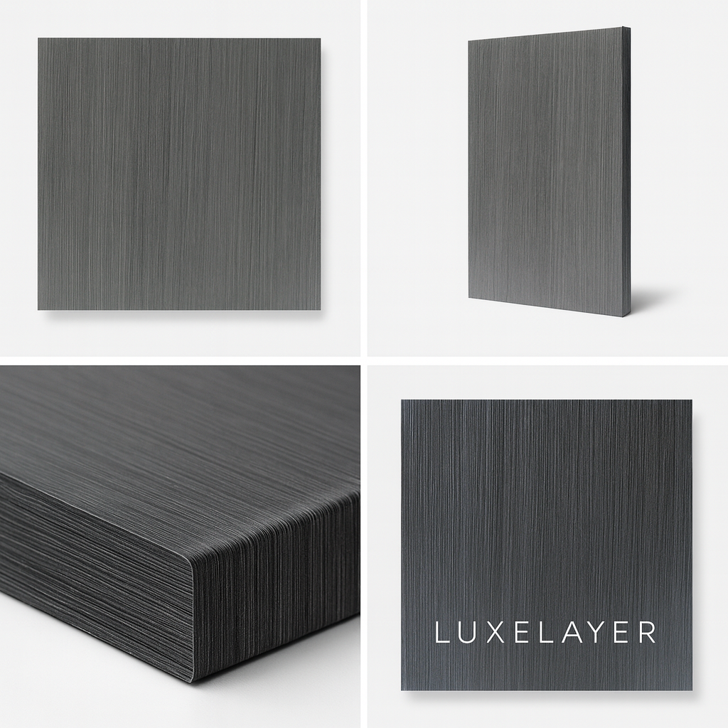 Collage of a dark gray textured panel with 'Luxelayer' branding on a white background
