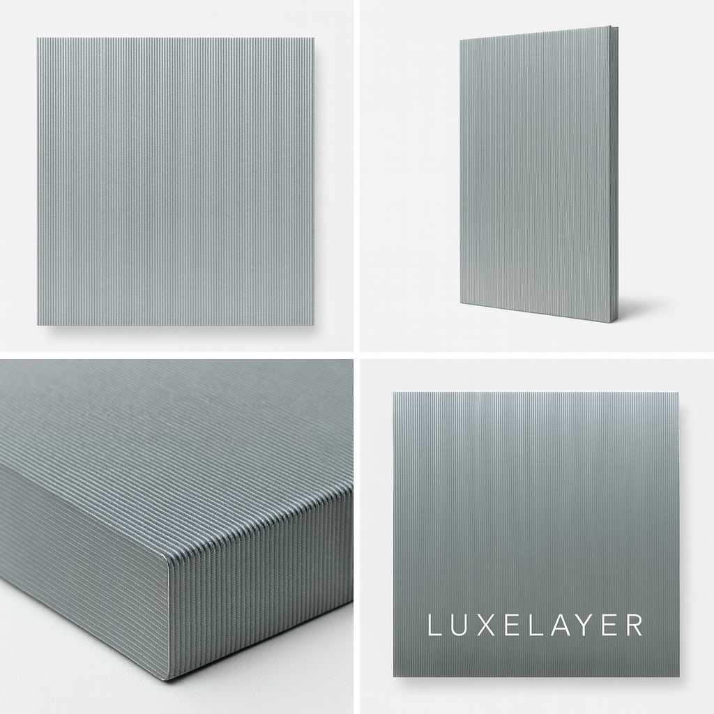 Collage of a gray textured panel with 'Luxelayer' branding on a white background