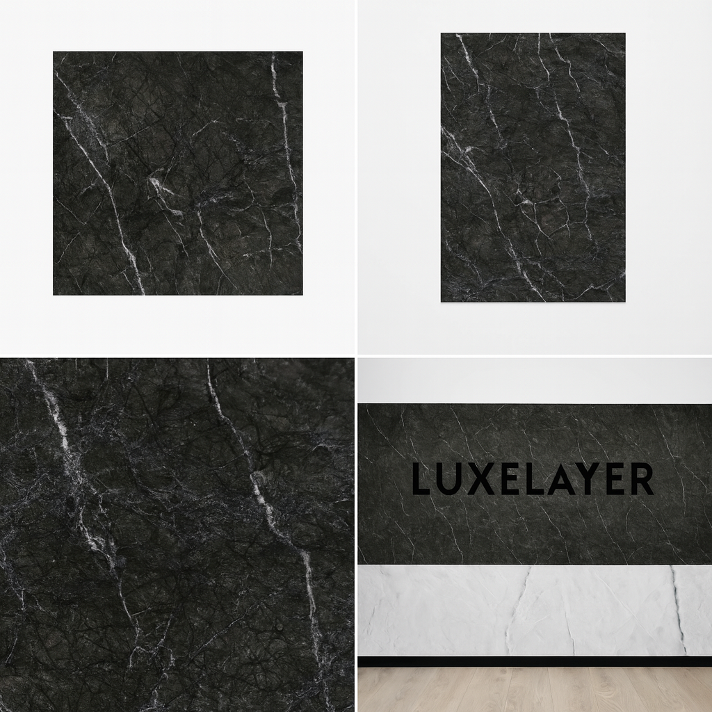 Collage of black marble textures with 'Luxelayer' branding.