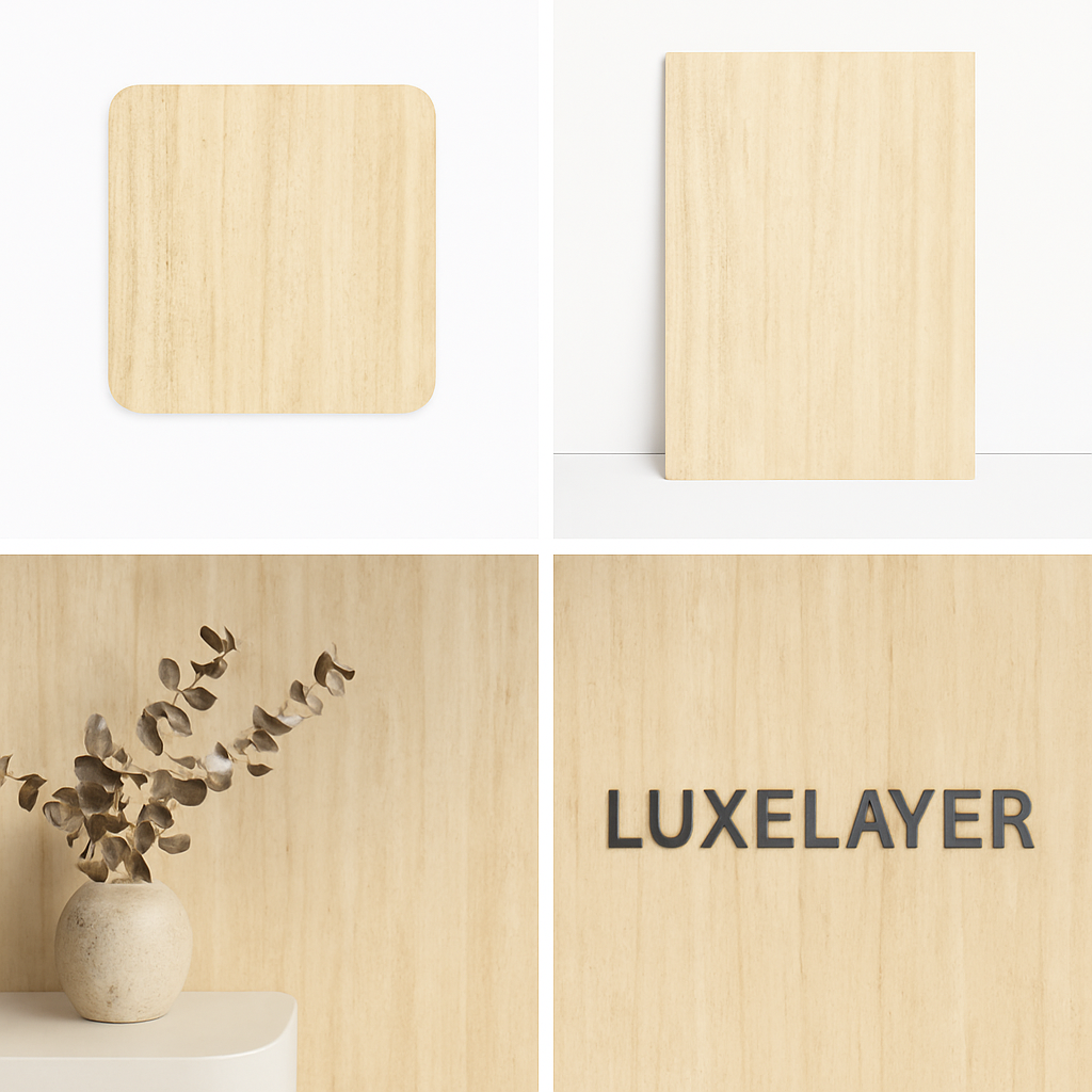 Collage of wooden panels with 'Luxelayer' branding and a decorative plant.