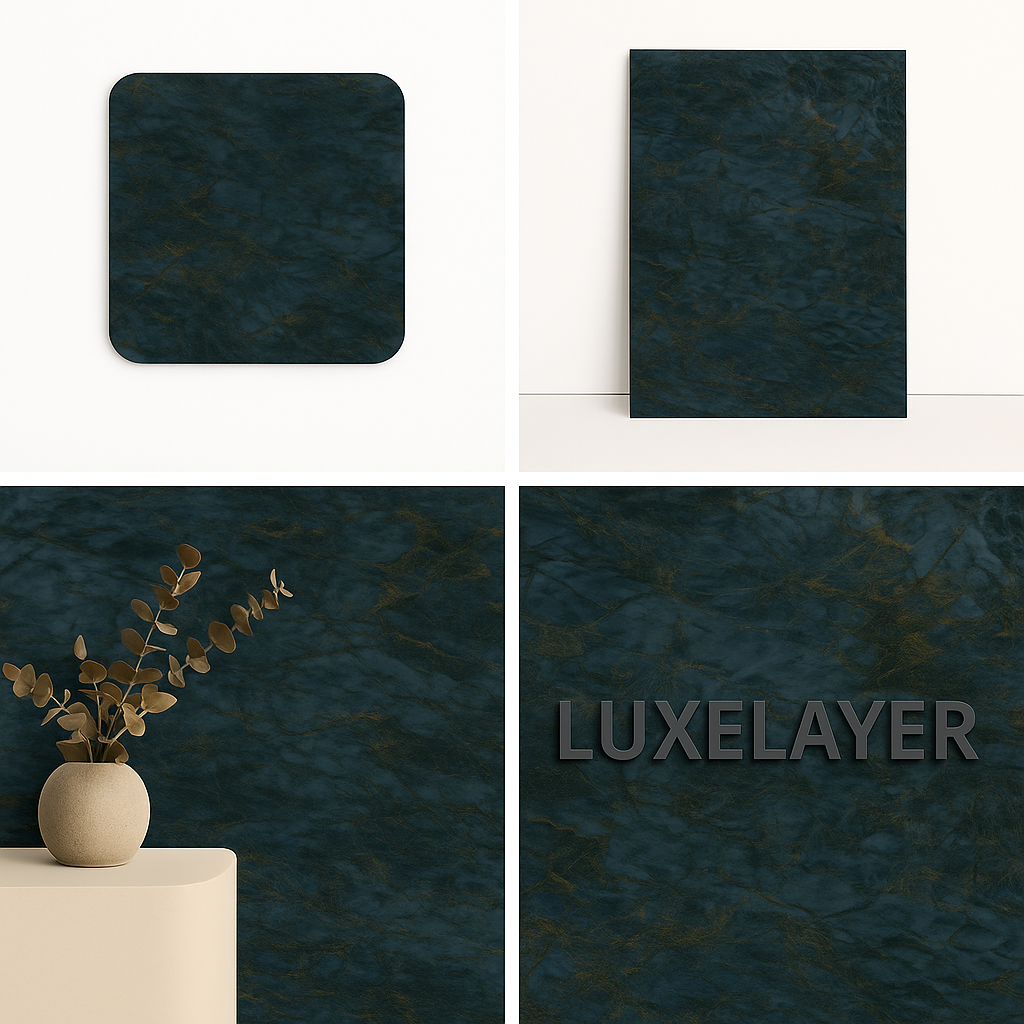 Dark textured wall panels with a vase and plant on a white background, featuring the brand 'Luxelayer'.