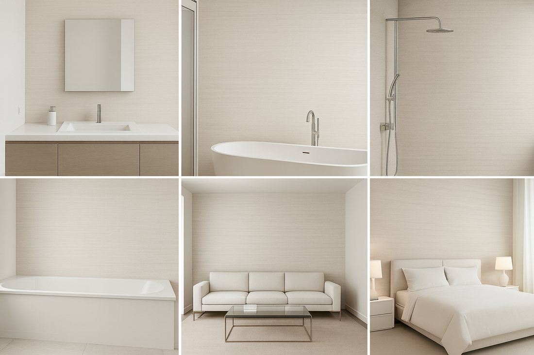 Collage of a modern bathroom, living room, and bedroom with neutral tones.