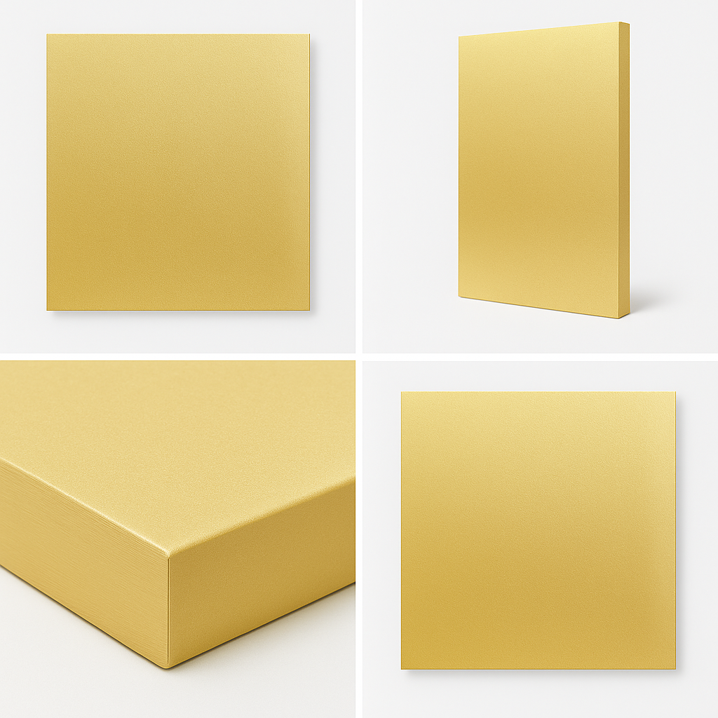 Four different views of a gold-colored rectangular object on a white background