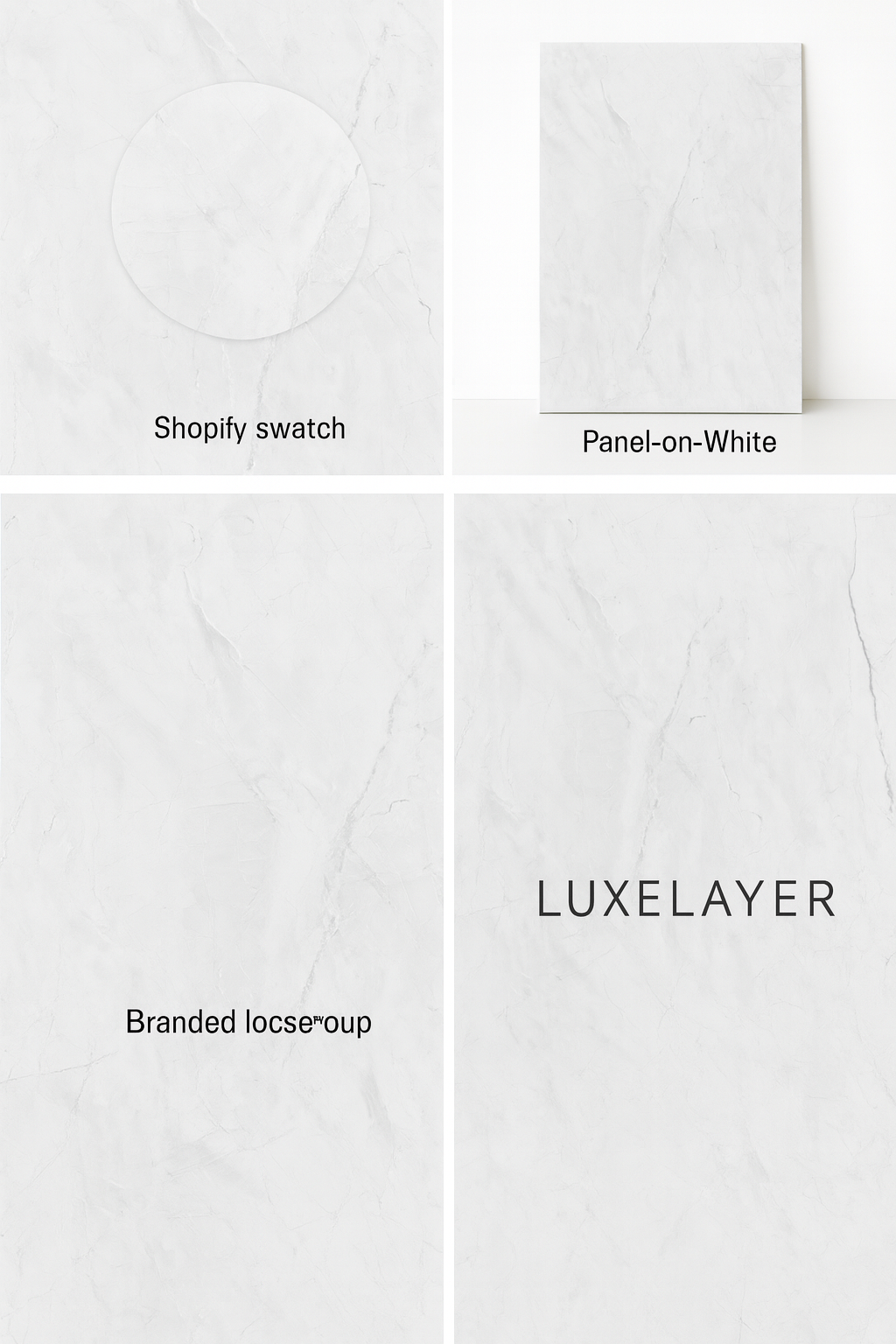 Four panels showing different text labels on a white background