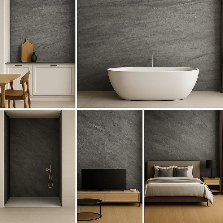 Collage of a modern kitchen, bathroom, living room, and bedroom with neutral tones.