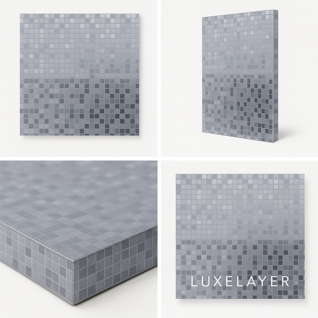 Gray mosaic tile pattern with 'Luxelayer' branding on a white background