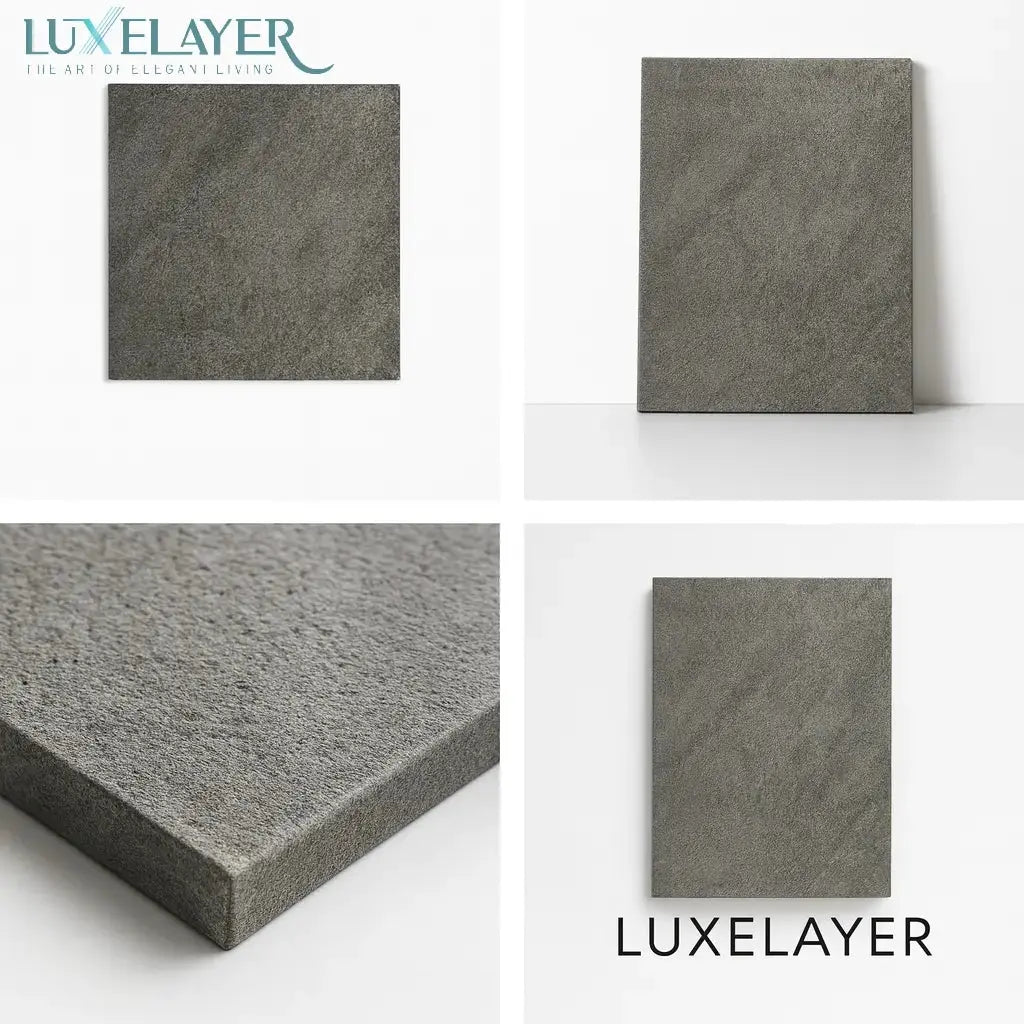 Gray textured tiles with 'Luxelayer' branding on a white background