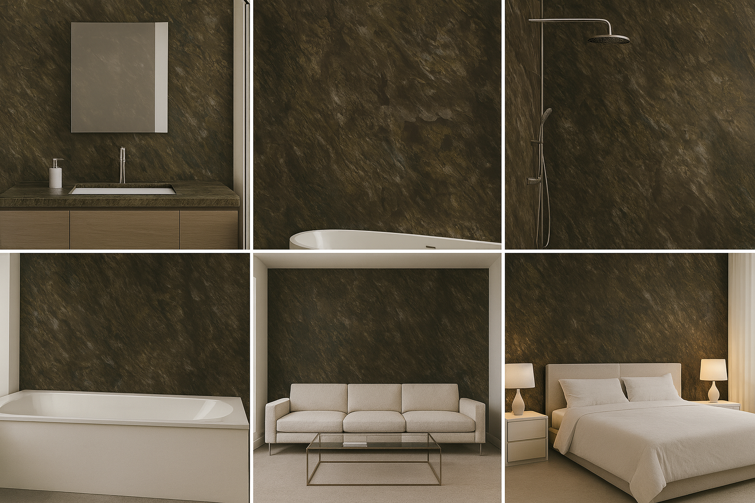 Collage of a modern bathroom, living room, and bedroom with dark brown walls.