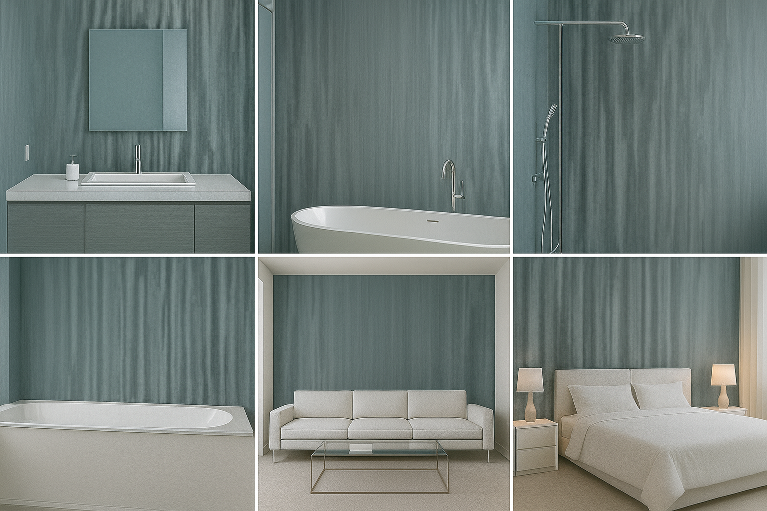 Collage of a modern bathroom, living room, and bedroom with neutral colors.