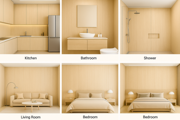 Collage of a modern kitchen, bathroom, shower, living room, and two bedrooms with neutral color scheme.