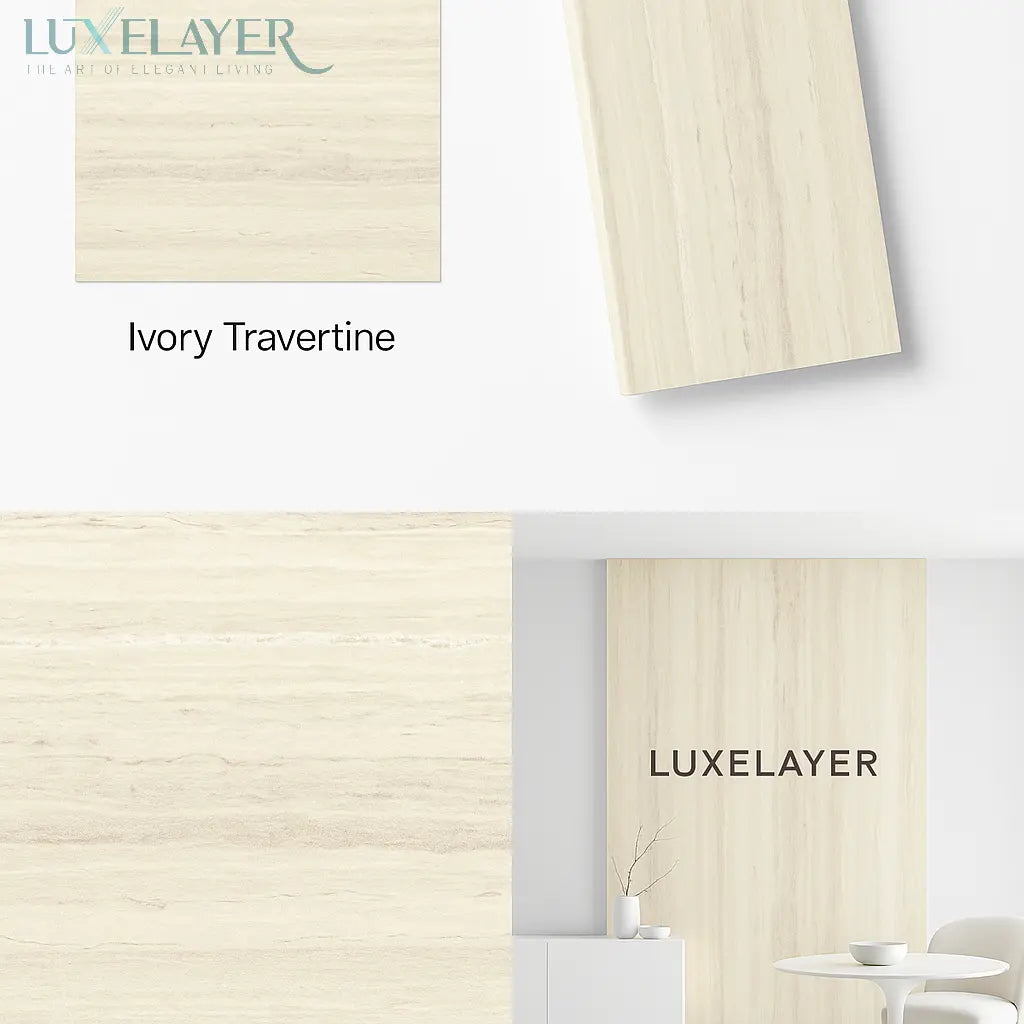 Luxelayer Ivory Travertine flooring samples with a bathroom setting.