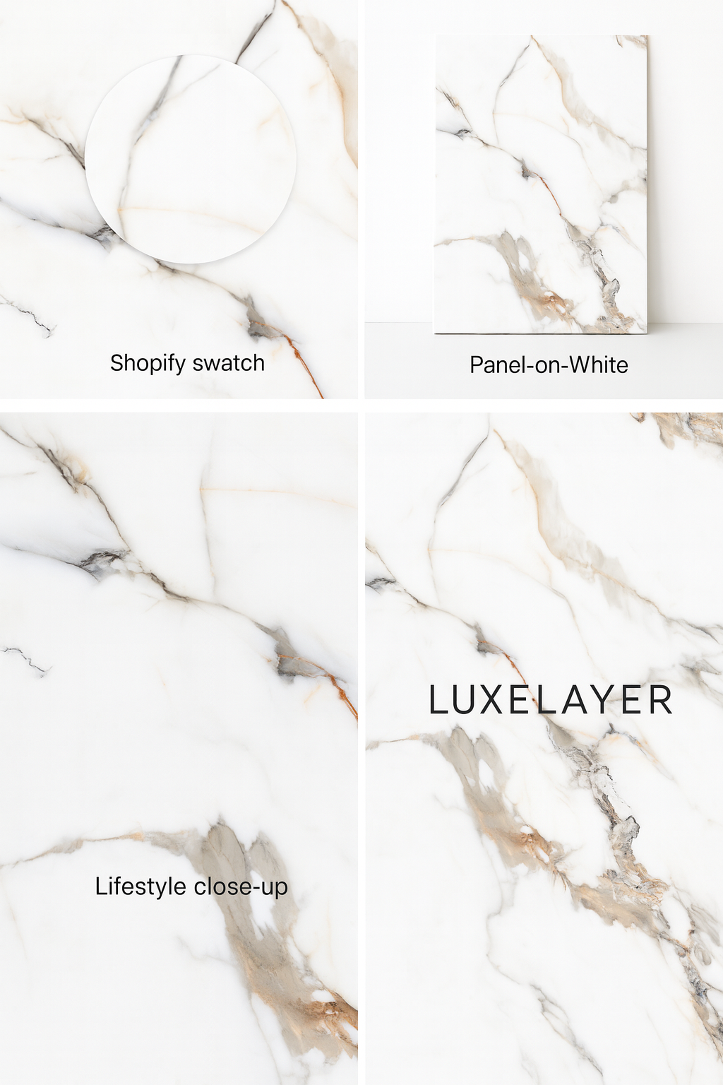 Luxelayer marble-like surface with different views and text labels.