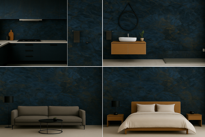 Collage of a dark blue textured wall with different room setups including a kitchen, bathroom, and bedroom.
