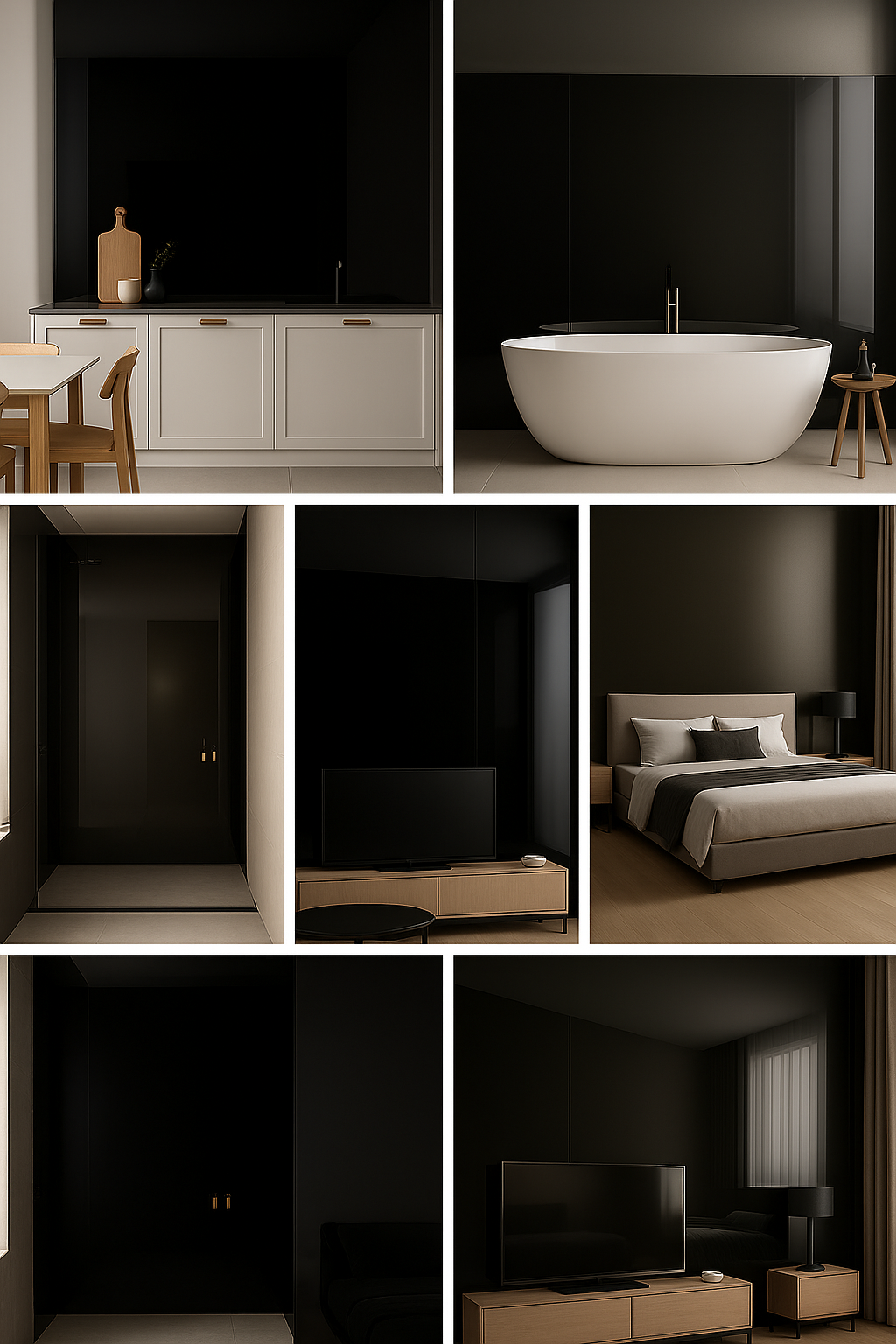 Collage of a modern bedroom with a bed, TV, and bathroom.