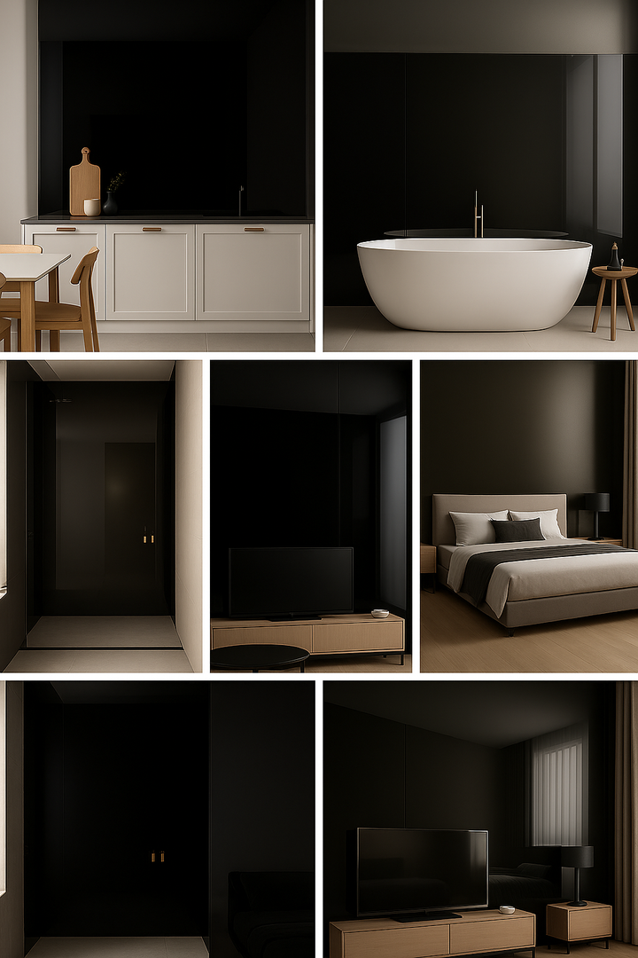 Collage of a modern bedroom with a bed, TV, and bathroom.