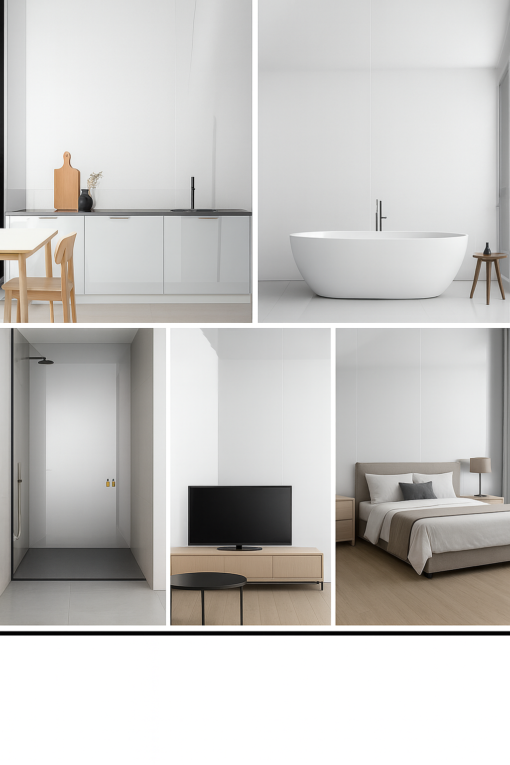 Collage of a modern kitchen, bathroom, and bedroom with minimalistic design.