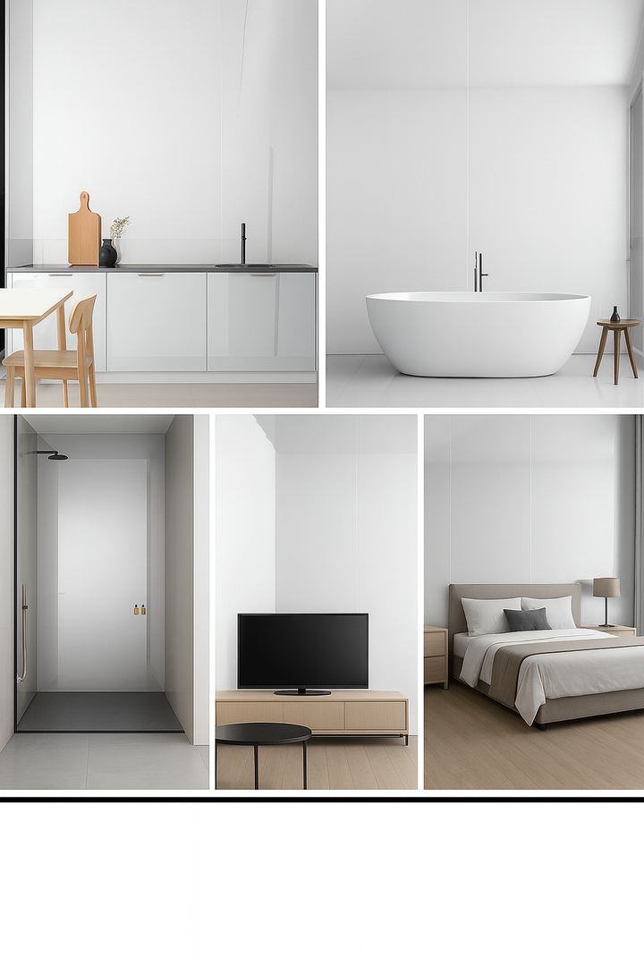 Collage of a modern kitchen, bathroom, and bedroom with minimalistic design.