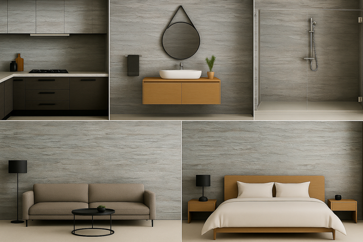 Collage of a modern kitchen, bathroom, living room, and bedroom with neutral tones.