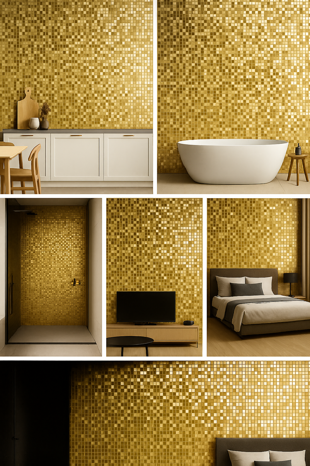 Collage of rooms with gold mosaic tile walls.