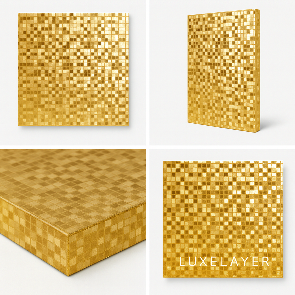 Gold mosaic patterned material with 'Luxelayer' branding on a white background