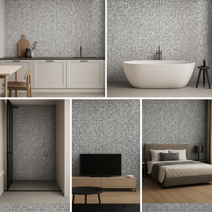 Collage of a modern kitchen, bathroom, and bedroom with gray mosaic tile walls.