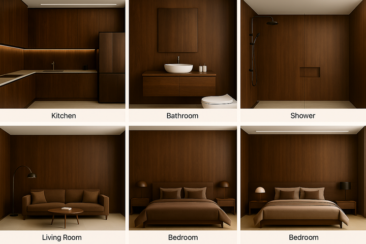 Collage of a modern interior design with labeled sections for Kitchen, Bathroom, Shower, Living Room, Bedroom, and another Bedroom.