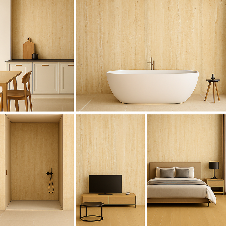 Collage of a modern kitchen, bathroom, and bedroom with wooden walls and furniture.