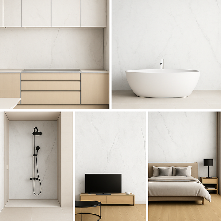 Collage of modern interior design elements including a kitchen, bathroom, shower, living room, and bedroom.
