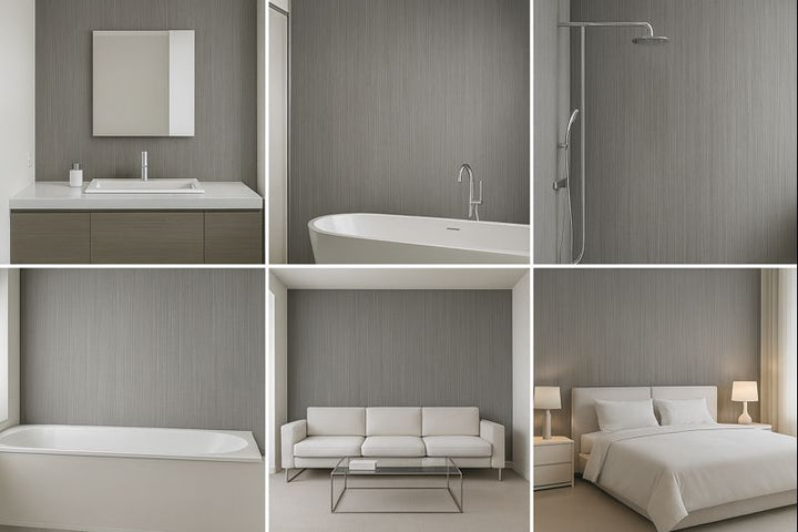 Collage of a modern bathroom and bedroom with neutral tones.