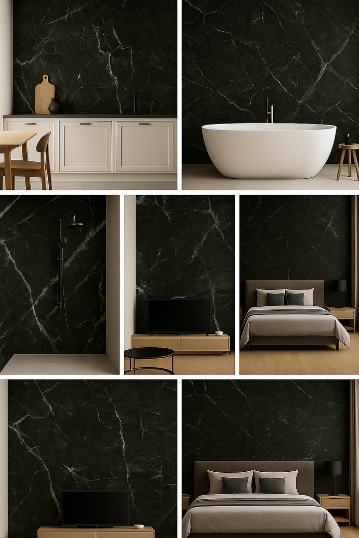 Collage of interior design elements with dark marble walls and furniture.