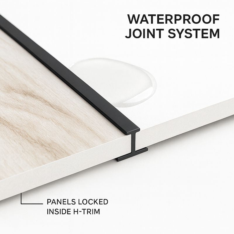 Close-up of a waterproof joint system with panels locked inside H-trim on a white background.