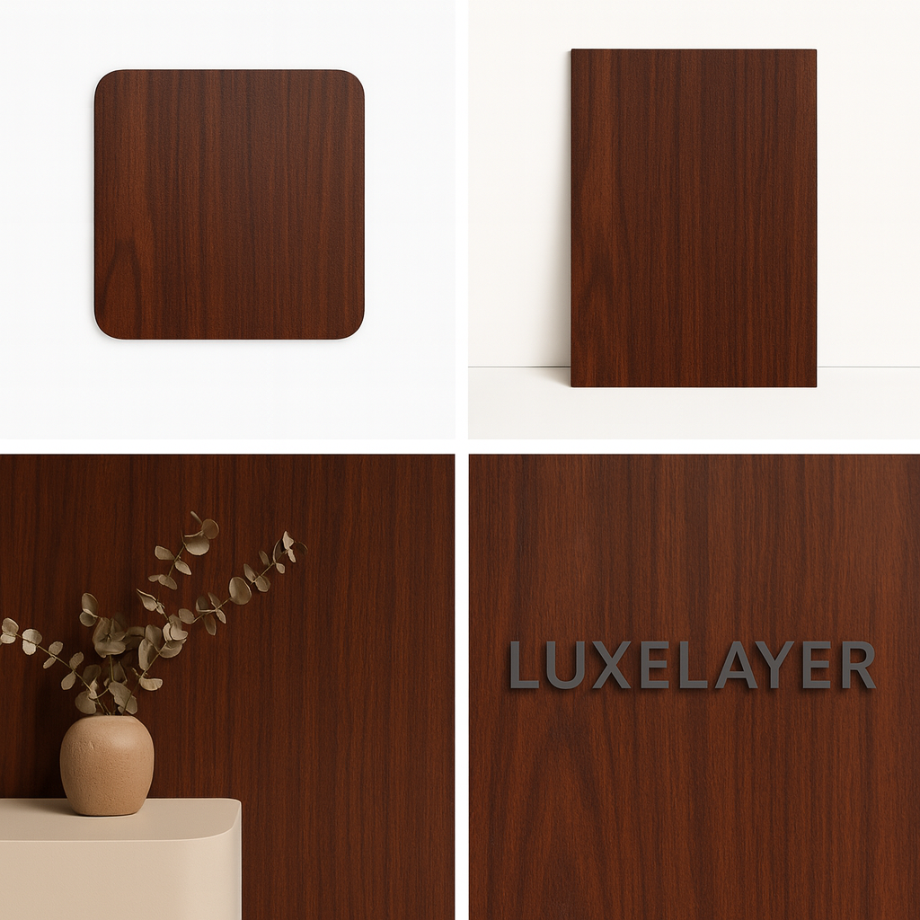 Wooden panel with 'Luxelayer' branding, shown in different contexts.