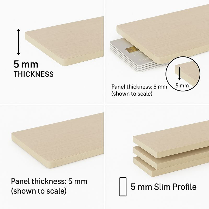 Wooden panels with 5 mm thickness and slim profile shown to scale.