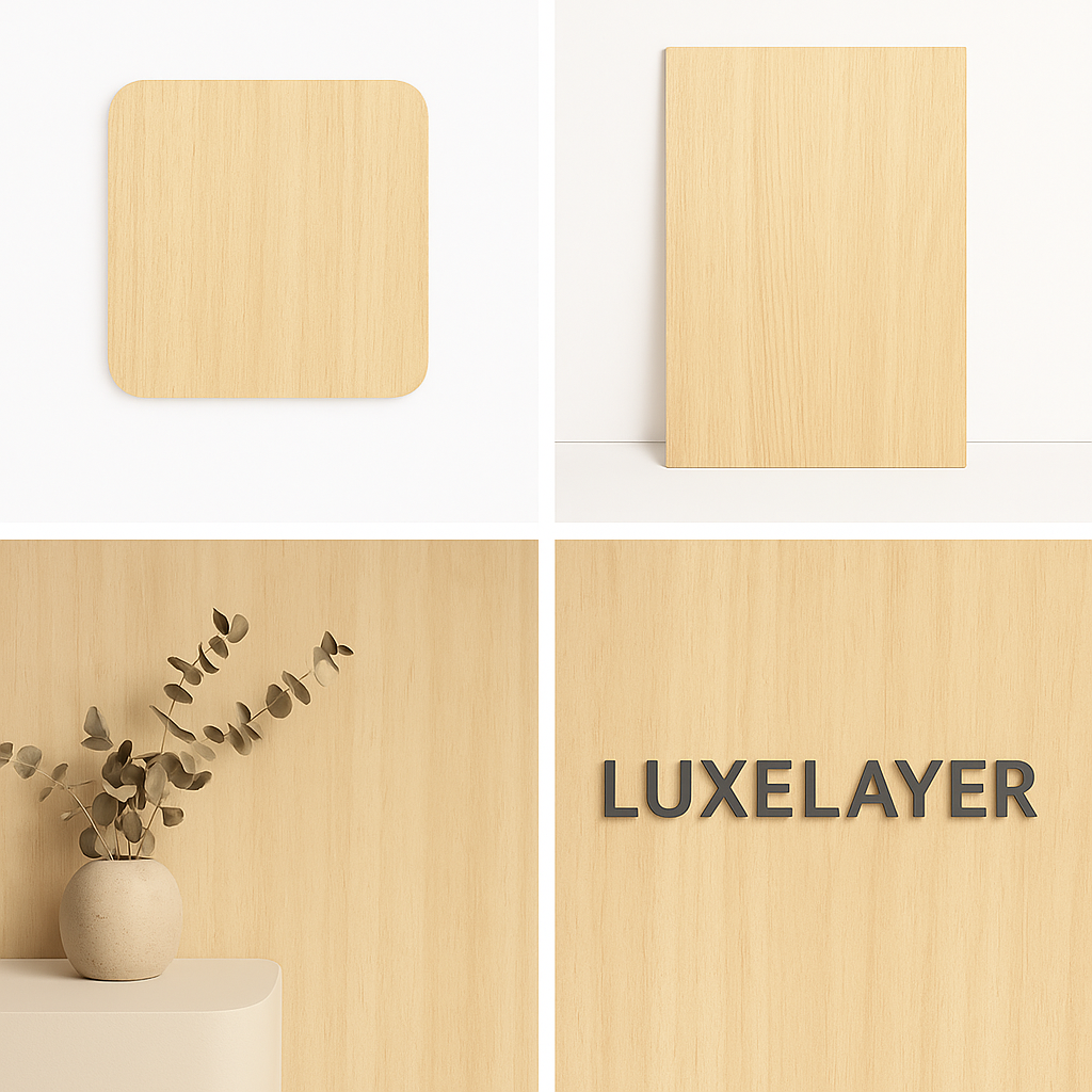 Wooden panels with 'Luxelayer' branding on a light background